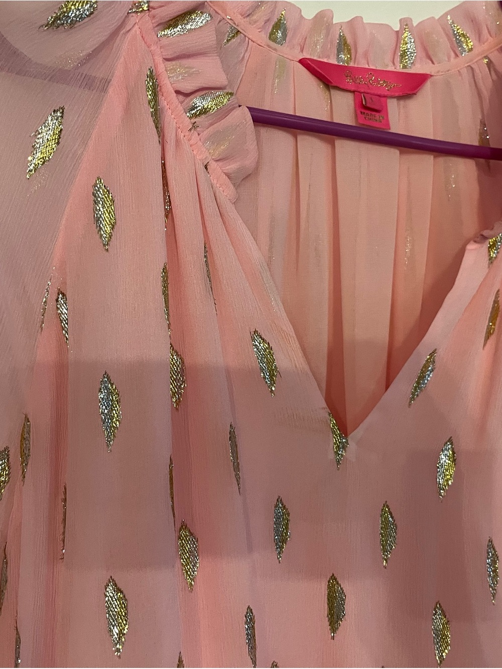 Lilly Pulitzer Pink Chiffon Blouse with Gold Foil Leaf Print - Picture 4 of 6